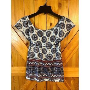 Just Be Womens Boho Ruffle Short Sleeve Top Size Small (3980)